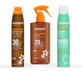 AGRADO - Pack Broncea Care + Aceite + Aftersun, Set con Broncea Care SPF30 200 ml, Aceite Solar SPF20 200 ml, Aftersun Hidrocalmante Aerosol 200 ml, Potencia e Intensifica el Bronceado, Textura Ligera y Acabado Invisible