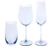 EME Mobiliario - Juego de Copas de Cristal en Color Azul Compuesto por Copa de Cava, Copa de Vino y Vaso. 6 Unidades de Cada Pieza. Apto Para Lavavajillas y microondas. Diseño original.