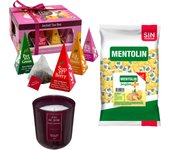 Pack Balsámico: MENTOLIN PLUS JENGIBRE S/A BOLSA 1KG + Vela perfumada en vidrio rosa de silicona 170 g + Caja de Té Joyfull con variedad de sabores