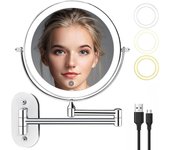Lupa de pared LED recargable, espejo de maquillaje montado en la pared de 8 pulgadas con 3 luces coloridas y 1 aumento de 10x, espejo de iluminación de afeitado extensible giratorio de 360°