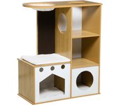 PawHut Árbol Rascador para Gatos de Madera 92,5 cm Torre para Gatos para Gatitos de Interior con 2 Cuevas Rascador Hamaca y Cojines de Felpa 76x37x92,5 cm Roble