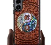 Funda magnética de madera para Galaxy S25+/S25 Plus, con grabado artesanal de madera e incrustaciones de concha, compatible con cargadores inalámbricos MagSafe (Flores y pájaro) en madera negra.