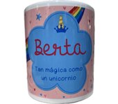 Solo Recuerdos SL Taza Mug con nombre personalizado Hecho en España diseño unicornio en caja cartón, apto para microondas y lavavajillas, personalizable en castellano, catalán-castellano, euskera-castellano y gallego-castellano.