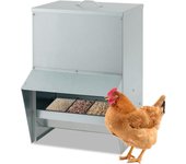 Comedero para pollos galvanizado, 22,7 kg, automático, para montaje en pared, con tapa, a prueba de ratas, sin desperdicios, dispensador de comida para gallineros de exterior para patos, gallos enanos, faisanes y pavos.