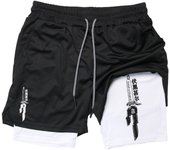 Print 2 in 1 Running Workout Shorts for Men Gym Performance Compression Shorts with Phone Pocket Towel Loop Athletic Activewear