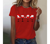 Christmas Women's Casual T-Shirs 2025 Summer Red Hat Wine Glass Graphic Tees XMAS Funny Print Tops Short Sleeve O-Neck Clothes