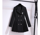Korean Fashion Suit Student Dress Tailored Collar High Waist Dresses Pleats Double Breasted Button Black Autumn Women Clothing