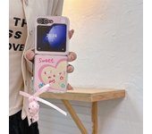 Fashionable Mirror Cartoon Bear Phone Case for Samsung Galaxy Z Flip 3 4 5 6 Flip6 Zflip5 ZFlip4 ins Bracelet Slim Plating Cover