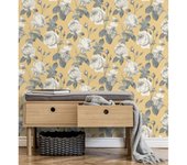 Muestra DIN A4 de Papel pintado vinílico lavable de flores románticas vintage fondo mostaza - Marietta 681320 de GAULAN