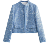 Women's Sequined Bomber Jacket Fall New Round Neck Long Sleeve Pocket Stretch Hem Sequins Jacket Coat Female Chic Outerwear