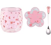 Double Wall Glass Coffee Mug With Spoon And Coaster Cartoon Cute Cat Milk Juice Cup Home Office Cat Claw/Paw Cup For Girl Gift