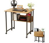 Mesa Plegable Pequeña, Escritorio Plegable con Ruedas, 80 CM Mesa Escritorio Plegable Ordenador con Estante de Almacenamiento para Estudio, Casa Oficina, Espacios Pequeños