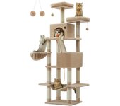 Árbol para gatos XXL de 206 cm, torre con 13 postes, 2 plataformas, 2 cuevas, cesta, hamaca, pompón y rascador multinivel para gatos grandes