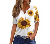 Fashion Women's Summer T-Shirts Sunflower Printed Loose Casual Short Sleeve TShirts Button V-Neck Basic Tops Ropa Para Mujer