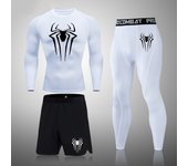 Super Spider Men's Printed Compression Set Long Sleeve Gym Top + Fitness Pants + Athletic Shorts Quick Drying Rash Guard Set