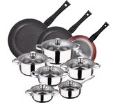 Pack de 3 sartenes ø20/24 y 28 cms + batería de cocina de 12pc en acero inoxidable – SAN IGNACIO