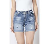 Koroshi Pantalón corto mujer denim short tejano elástico encima rodilla detalles con rotos | Moda urbana