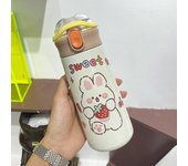 480ml Cute Water Bottle Thermos Cup Portable Thermos Bottle with Straw Kid Stainless Steel Thermal Mug