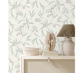 Muestra DIN A4 de Papel pintado vinílico de flores malvas y hojas verdes en relieve con toque nacarado - Jasmine Joy 682830 de GAULAN