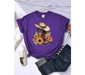 Cartoons Women T-Shirts Cowboy Riding Boots & Sunflowers Printed Tees O-Neck Comfortable Soft Short Sleeve Summer Female Clothes