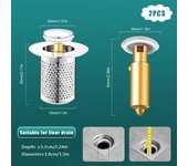 Tapón de fregadero de acero inoxidable para cocina, colador de drenaje de fregadero de baño, Colector de pelo, filtro de drenaje emergente, cesta de filtro extraíble, 2 piezas