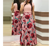 Printed Splicing Crew Neck Dress Elegant Short Sleeve Slim Waist Pleated Maxi Dress Women's Clothing
