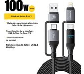 Essager 4 In 1 Digital Display USB Cable Type C 100W PD Fast Charging Wire For iPhone Macbook iPad Xiaomi Type C Lighting Cable