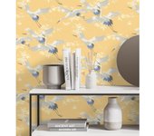 Muestra DIN A4 de Papel pintado lavable de pájaros garzas reales estilo oriental fondo mostaza - Mandarin Birds 681329 de GAULAN