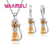 Real 925 Sterling Silver Color Jewelry Sets for Woman Girls Shining Austrian Crystal Cute Cat Pendant Necklace Huggie Earring