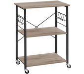 VASAGLE Estantería de Cocina con Ruedas, Carrito de Servicio de 3 Niveles, Estantería para Microondas, Horno, Tostadora, Marco de Metal con 6 Ganchos, Industrial, Gris y Negro/Marrón Rústico + Negro/Ébano y Negro/Roble Dorado y Blanco Nube