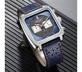 MEGIR Square Dial Chronograph Quartz Watches for Men Fashion Blue Leather Strap Casual Sport Wristwatch with Date 24-hour 2182