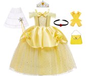 Girls Belle Cosplay Costumes Girls Dresses for Beauty Kids Party Clothing Magic Stick Crown Children Yellow Dress and The Beast