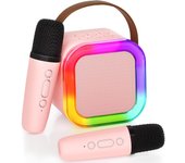 Máquina de karaoke para niños adultos, mini altavoz portátil Bluetooth con 2 micrófonos inalámbricos, juguetes para niños regalos de cumpleaños fiesta familiar en casa (rosa)