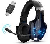 Auriculares Gaming Inalámbricos para PS4/PS5/Switch/PC/Teléfono Móvil/Portátil/Tableta, Dongle USB y Tipo-C de 2,4GHz, Micrófono con Cancelación de Ruido Desmontable, Estéreo 7.1, Luz LED
