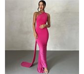Europe and the United States summer new solid color suspender halter suspender hip dress women's party floor asymmetric skirt.