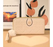 Stylish, fresh and sweet, women's long mobile phone bag, double zipper wallet, clutch bag, cute hairball pendant.