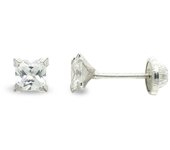 Inmaculada Romero Pendientes Oro Blanco 9k Niña 4mm Circonita Cuadrada Garras Tornillo
