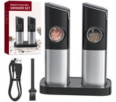 Juego de Molinillo Eléctrico de Sal y Pimienta por Gravedad con Base de Carga Doble, Cubierta a Prueba de Polvo, Cepillo, Luz LED Blanca, Grosor Ajustable y Operación Automática