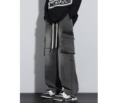 New Men's Baggy Straight Cargo Jeans Elastic Waist Vintage Blue Black Smoky gray Denim Pants Fashion High Street Male Trousers
