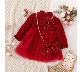 Christmas Red Baby Girl Dress Long Sleeved Plush Gold Velvet Sequin Bow Tie Mesh Party Princess Dress