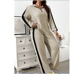 Women Loose Knit Sweater Suit Stripe Color V Neck Pullover Wide Leg Pants Suit Autumn Winter 2 Pieces Set Homewear 2024