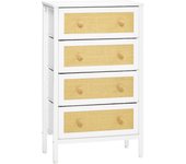 HOMCOM Cómoda de Dormitorio Cajonera de Estilo Bohemio con 4/5 Cajones de Tela Plegable Superficie de Ratán PE y Marco de Acero para Entrada Salón Pasillo 62x30x105 cm/62x30x126,5 cm Blanco