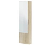 Meimon Zapatero 1 puerta con espejo, capacidad para 16 pares de zapatos, estructura de tablero melaminizado E1, cantos en PVC, bisagras metálicas, varillas de aluminio extraíbles, tirador metálico cromado, cierre con imán, y fijación a pared incluida