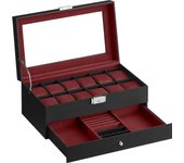 SONGMICS Caja de Reloj, Estuche de Reloj con Tapa de Cristal de 2 Niveles para 12 Relojes, Cerradura, 1 Cajón, para Anillos Pulseras, Regalo Ideal, Cuero Sintético Marrón, Forro Marrón/ Negro y Forro Beige/Negro y Forro Negro/Negro y Forro Gris/Rojo
