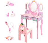 MAGIC SELECT Tocador Infantil de Madera con Taburete y Cajones. Mesa de Maquillaje para Niñas con Accesorios y Espejo Plegable. Juego de Tocador de Maquillaje y Silla para Niña +3 Años, para Regalo de Cumpleaños.
