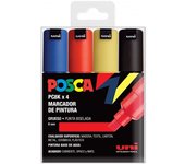 Posca Pc-8k Estuche 4 Marcadores Pintura Punta Biselada Acrílica 8mm - Tinta Base Agua - No Permanente - Resistente Luz - Inodoro - Cartelería y Decoración - Surtido de Colores