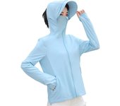 Chaqueta de Protección solar para Mujer UPF 50 + Protector solar Camisa Sunblock Hoodie Bolsos, Azul (XXL)