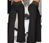Women Wide Leg Flared Pants Autumn Casual Crisscross Sheer Mesh Patch High Waist Trousers Y2k Streetwear Elegant Work Pant