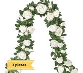 19.5ft Artificial Floral Garland With White Rose, Fake Vines Silk Flower Hanging Rose Garland For Wedding Arch Garden Background