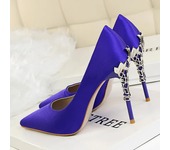 Women 10cm High Heels Metal Sculpture Wedding Bridal Dress Silk Pumps Lady Luxury Brand Design Yellow Blue Valentine Party Shoes